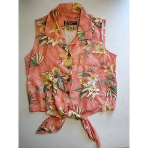 La Cabana Womens‎ Coral Floral Sleeveless Button Up Tie Front Shirt Top Size S